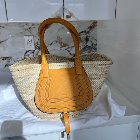 Chloe Marcie Medium Raffia Basket Tote Beach Bag Sunflower 🌻 Yellow - Picture 3 of 15